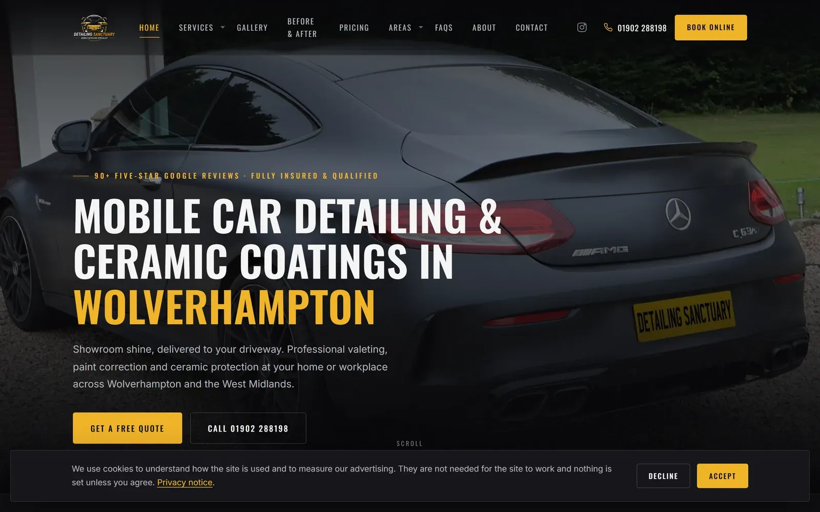 The Detailing Sanctuary home page, showing a detailed black Mercedes and the headline Mobile Car Detailing and Ceramic Coatings in Wolverhampton